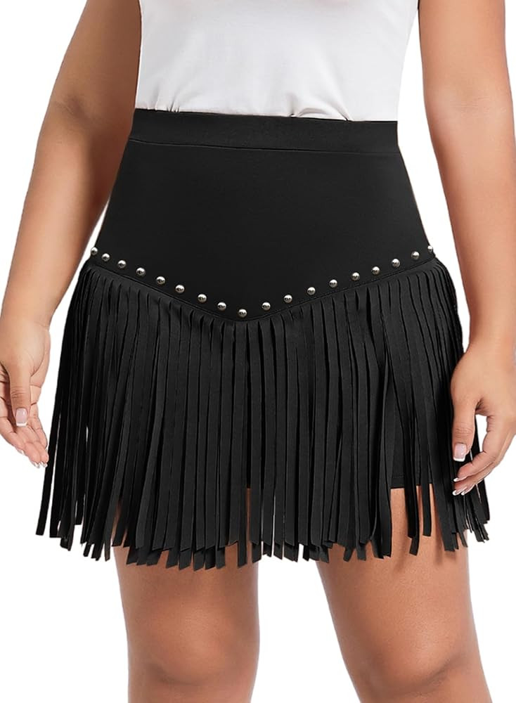Women Plus Size Fringe Cowgirl Mini Skirt - Western Country Concert Rodeo Outfit High Waisted Tas... | Amazon (US)