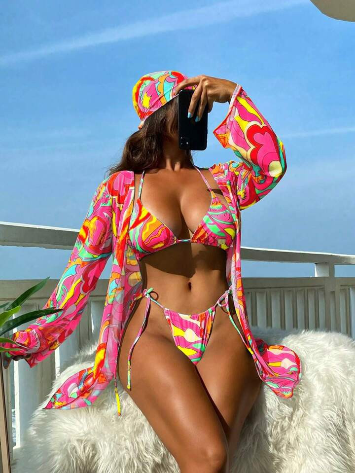 Allover Print Halter Triangle Bikini Swimsuit With Kimono | SHEIN