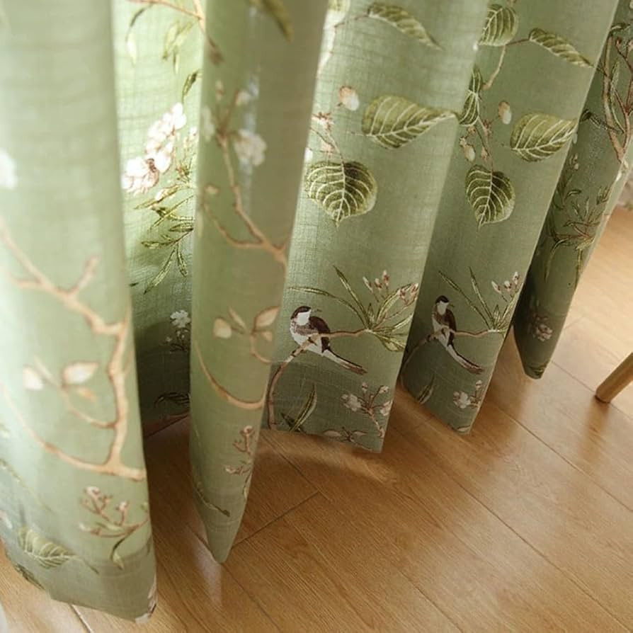 Vintage Bird Curtain Green Floral Print Grommet Linen Blend W55 X L96 Inch | Amazon (US)