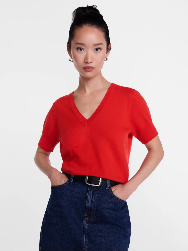 Scenario Women's V-Neck Lightweight Sweater with Short Sleeves, Sizes XS-XXXL | Walmart (US)