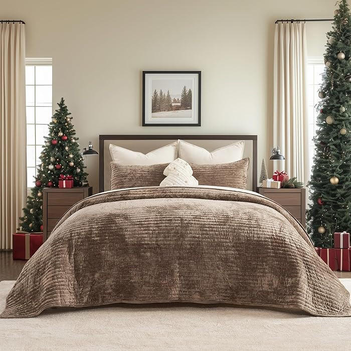 EverGrace Velvet Quilt Set King Size, Luxurious Soft Striped Channel Bedding Set, Lightweight Vel... | Amazon (US)