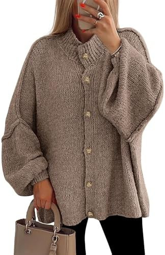 PRETTYGARDEN Women's Winter Button Down Cardigan Sweaters Mock Neck Lantern Long Sleeve Chunky Kn... | Amazon (US)
