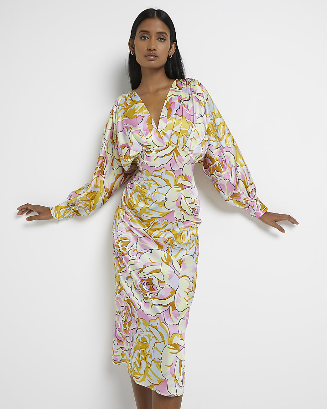 Pink floral satin midi dress | River Island (UK & IE)