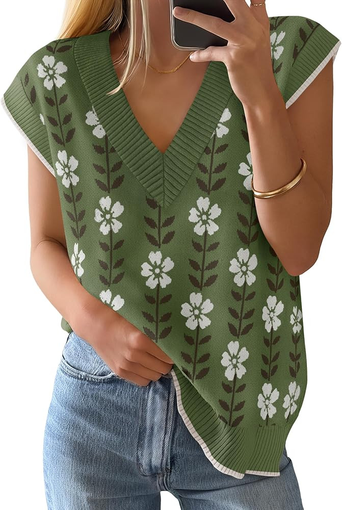 ZESICA Women's Floral Sleeveless Sweater Vest 2026 Summer Oversized Cap Sleeve V Neck Loose Knit ... | Amazon (US)