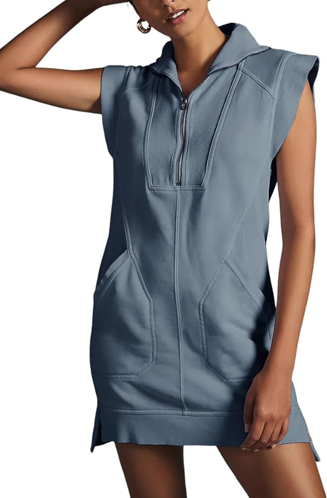 Qiaomai Womens Half Zip Sweatshirt Dresses Summer V Neck Sleeveless Pullover Tunic Tops Mini Dres... | Amazon (US)