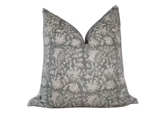 VERA GREY  Grey Handblock Linen Cushion Cover Floral Linen - Etsy UK | Etsy (UK)