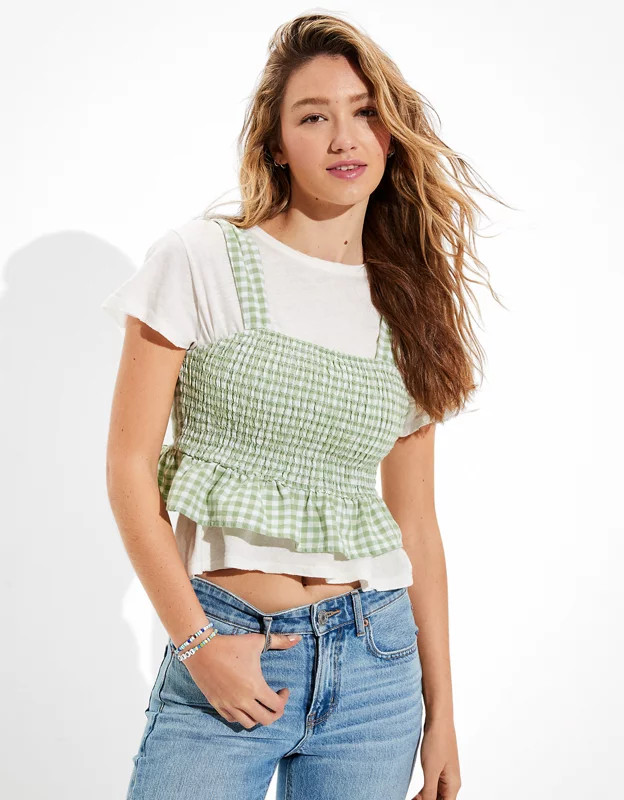AE Tie-Back Smocked Cropped Cami | American Eagle Outfitters (US & CA)