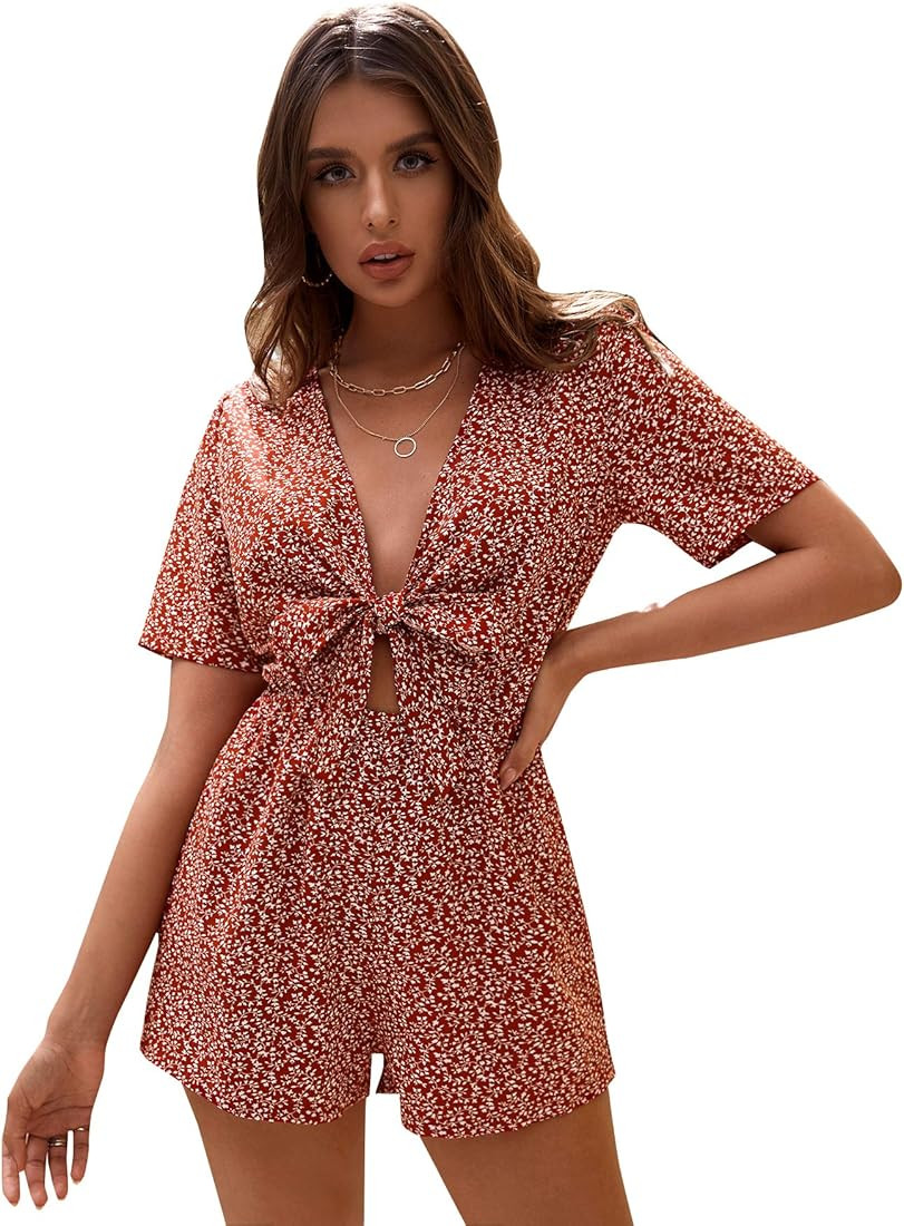 SweatyRocks Women's Sexy V Neck Self Tie Front Short Romper Jumpsuit Playsuit | Amazon (US)