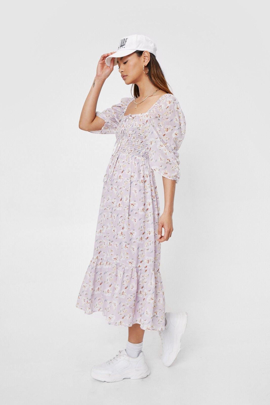 Petite Floral Print Shirred Midi Dress | Nasty Gal (US)