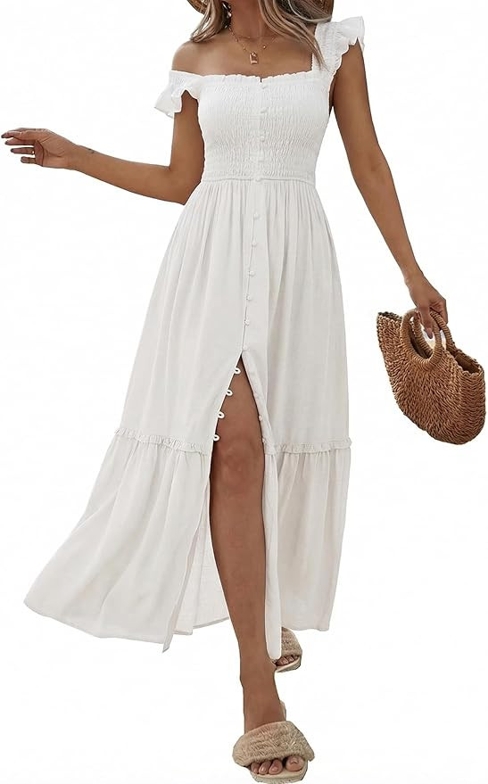 Women Summer Casual Midi Dress Square Neck Button Down Smocked Ruffle Strap Flowy Split Beach Sun... | Amazon (US)