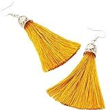 Handmade Mustard yellow long silk tassel earrings Fall dangle bohemian bridesmaid marigold jewelry | Amazon (US)
