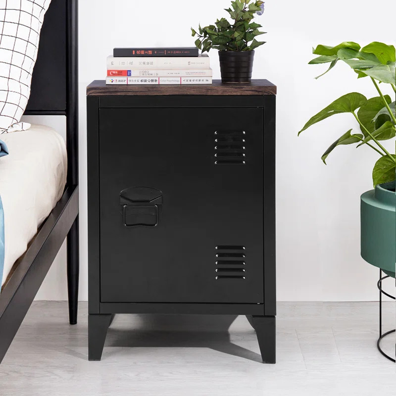15.74'' Metal Locker Storage Nightstand for Bedroom with Wood Top/Door 2 Tier Shelves Removable | Wayfair North America