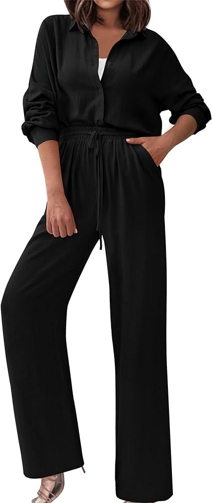 dowerme Women Fall 2 Piece Outfits 2023 Casual Tracksuit Button Down Shirts Drawstring Long Pant ... | Amazon (US)