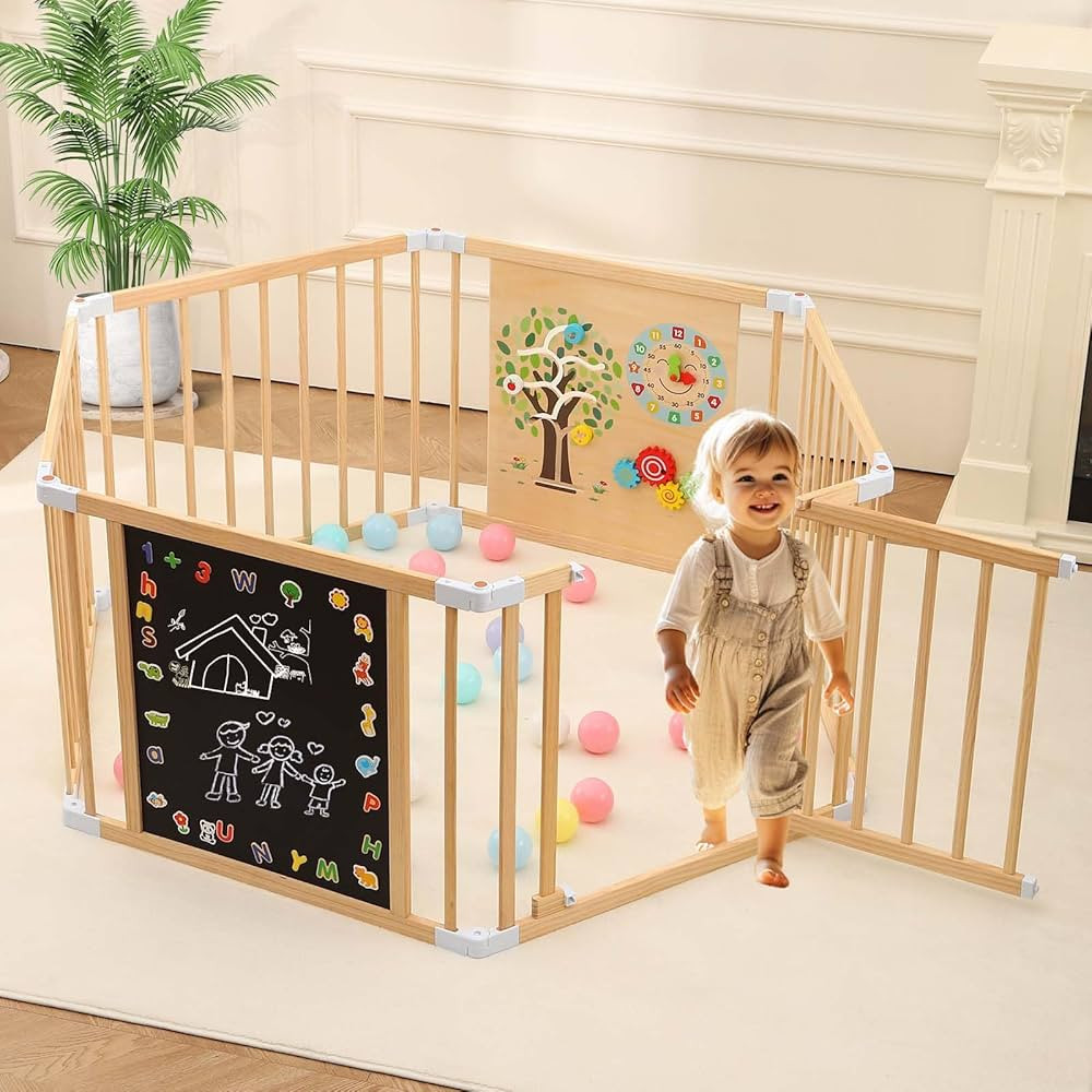 All-in-one Wood Baby Playpen with Door, Adjustable Wooden Play Fence with Dual-Sided Chalkboard, ... | Amazon (US)