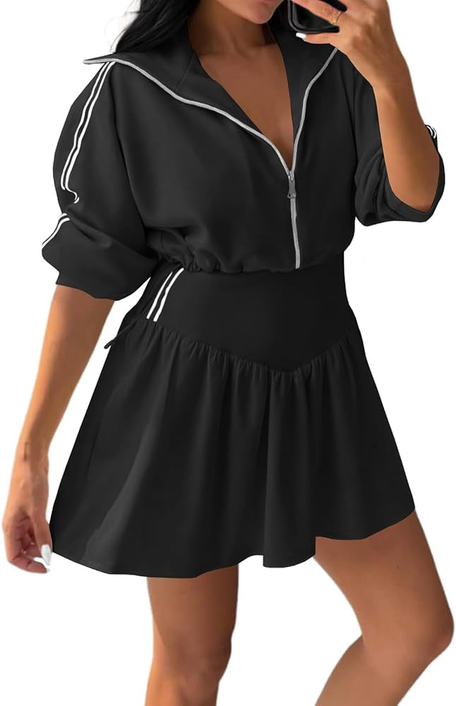 Fisoew Womens 2 Piece Outfits Skirts Sets Quarter Zip Cropped Sweatshirts Casual Mini Skorts Work... | Amazon (US)