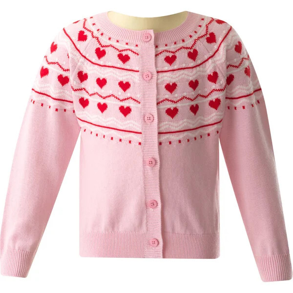 Heart Intarsia Ribbed Neck Pearl Button Cardigan, Powder Pink - Rachel Riley Sweaters | Maisonett... | Maisonette