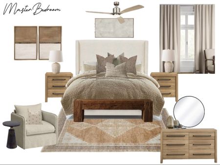 Bedroom, bed, artwork, curtains, nightstands, fan, dresser, mirror, rug 

#LTKHome