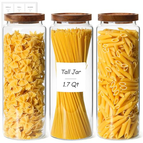 ComSaf Glass Pasta Storage Containers with Acacia Wood Lids 1.7Qt 3Pack | Amazon (US)