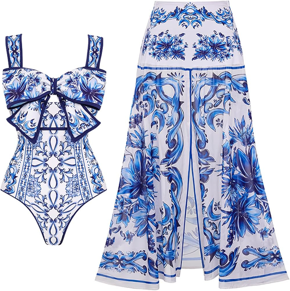 FLAXMAKER Women's One Piece Celadon Bow Bathing Suit Celadon Print Swimsuit and Skirt | Amazon (US)