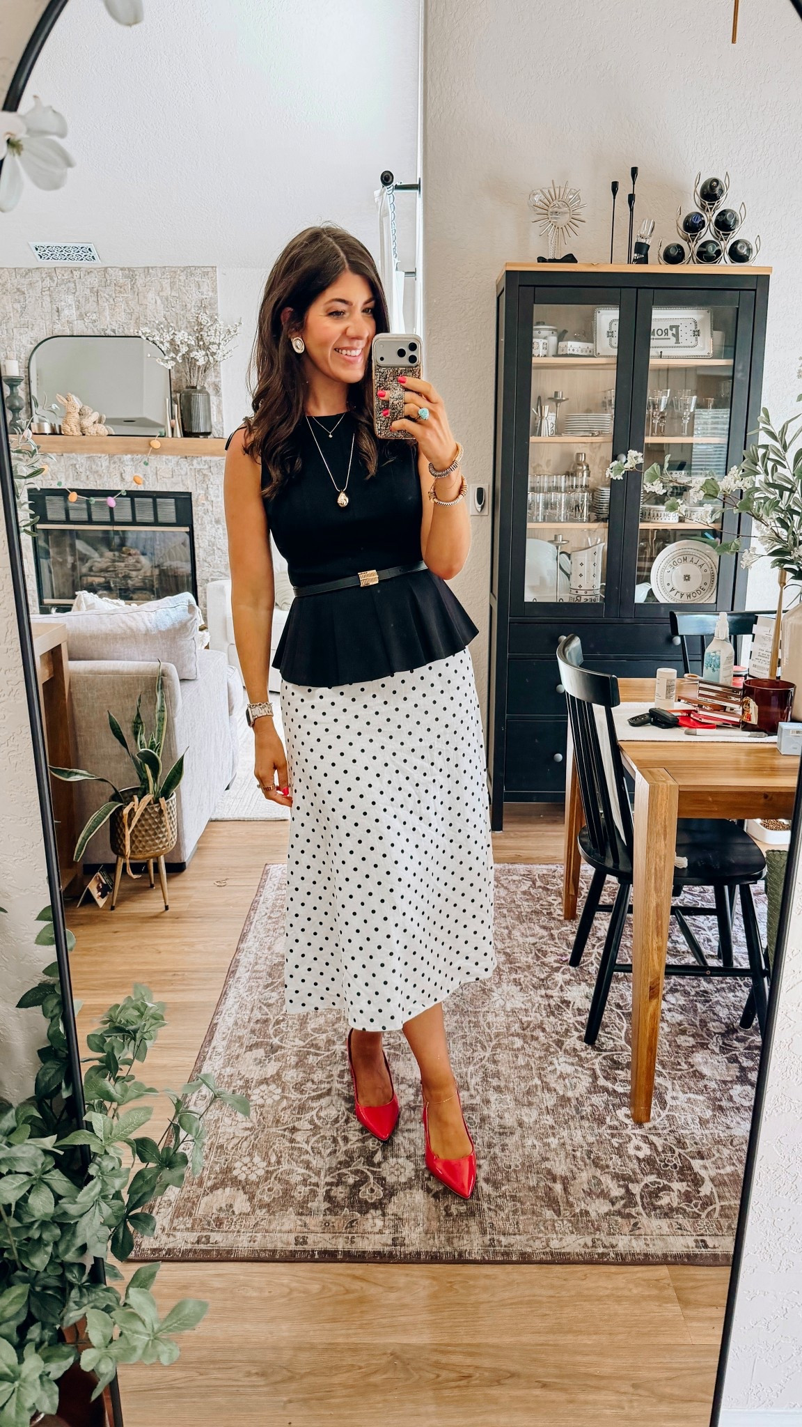 What I wore to work today
Medium peplum top 
Medium polka dot skirt
Medium belt 

#LTKMidsize #LTKTall #LTKWorkwear