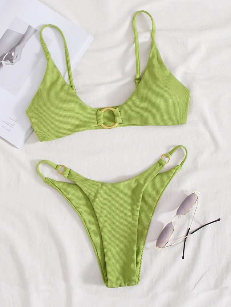 Rib Ring Linked Tanga Bikini Swimsuit | SHEIN