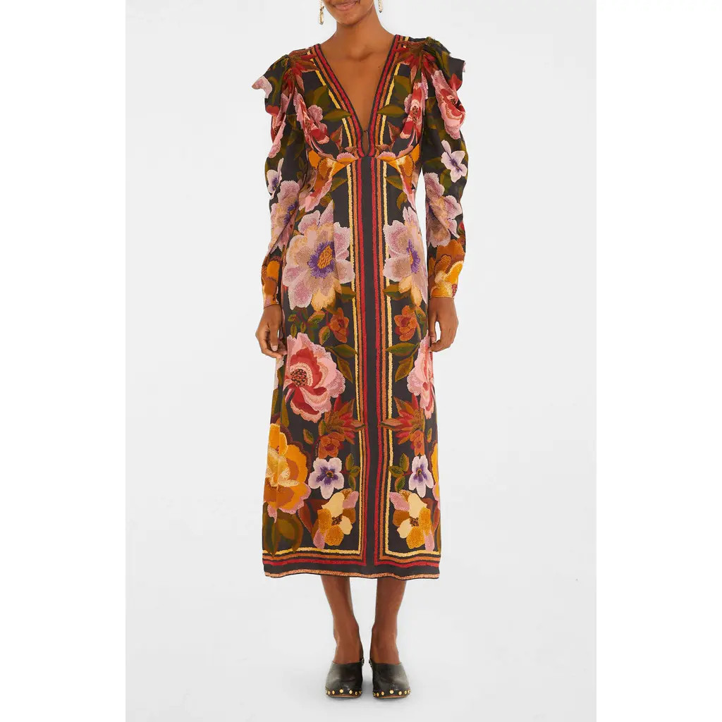 FARM Rio Floral Border Print Long Sleeve Dress in Chenille Flowers Black at Nordstrom Rack, Size Medium | Nordstrom Rack