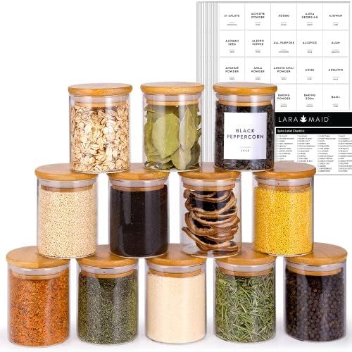 Laramaid 6oz 12Packs Glass Jars Set, Cylinder Spice Jars with Bamboo Lids and Customized Labels, ... | Amazon (US)