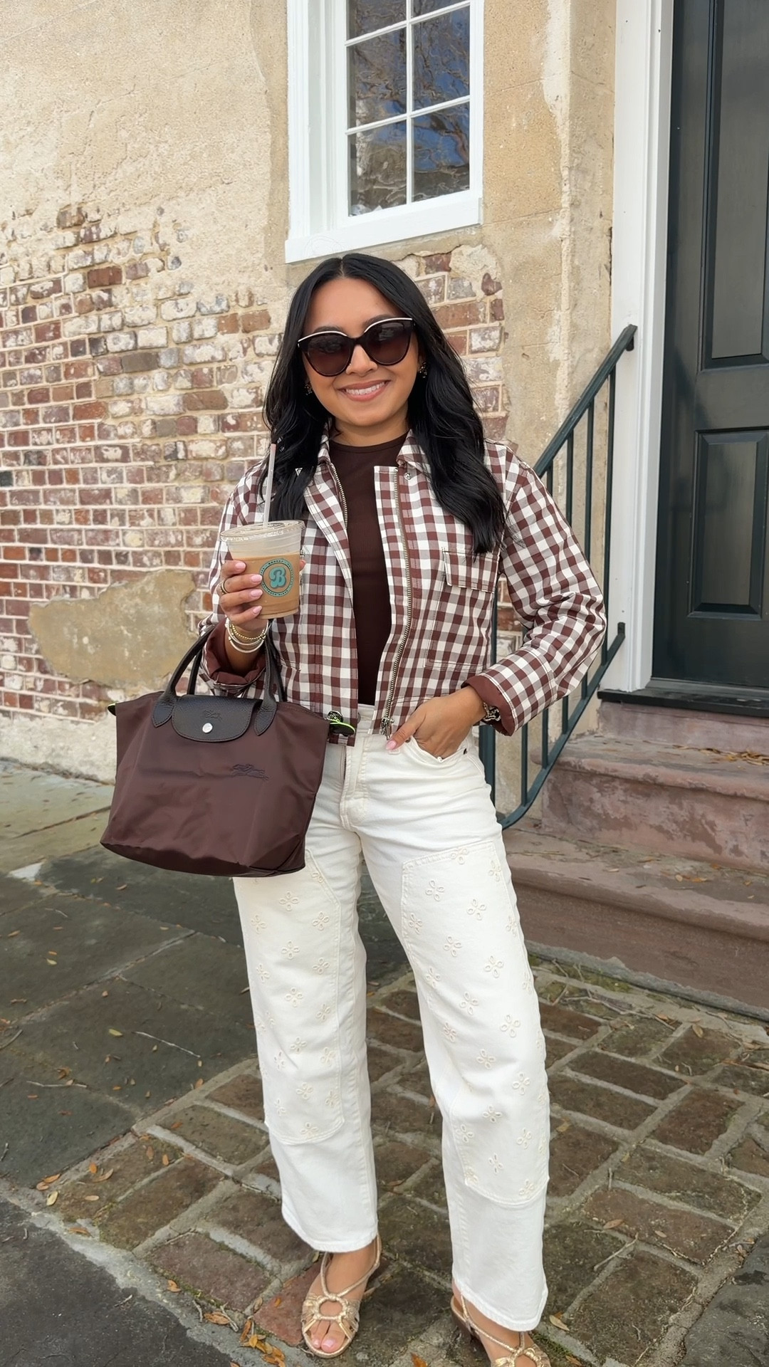 Brown gingham jacket size xs TTS 
Brown tee size xs TTS 
Jeans size 2 petite TTS 
Gold sandals size 5 TTs 



#LTKootd #LTKSaleAlert #LTKPetite