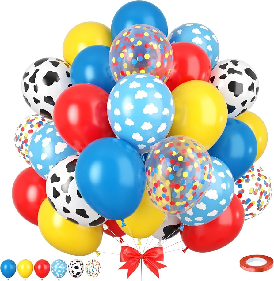 Carnival Party Balloons, 50pcs Toy Balloons, Red Yellow Blue Balloons Cow Print and Sky Blue Clou... | Amazon (US)