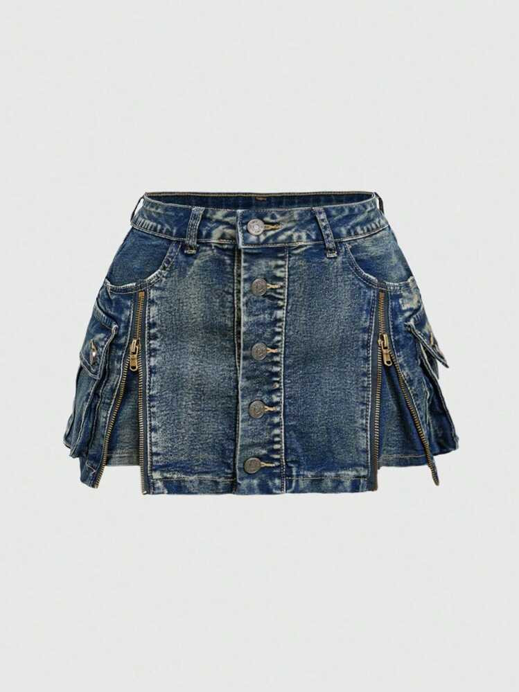 ROMWE Kawaii Y2K Vintage Washed Zip Up Low Waist Mini Denim Skirt | SHEIN