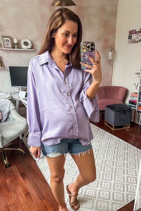Lavender oversized satin button down maternity shirt — great for pregnancy AND nursing postpartum, but good not pregnant too! 👍🏼 AND 25% off with code ERICA25 💜 Abercrombie maternity jean shorts — stay TTS!

#LTKsalealert #LTKunder50 #LTKbump