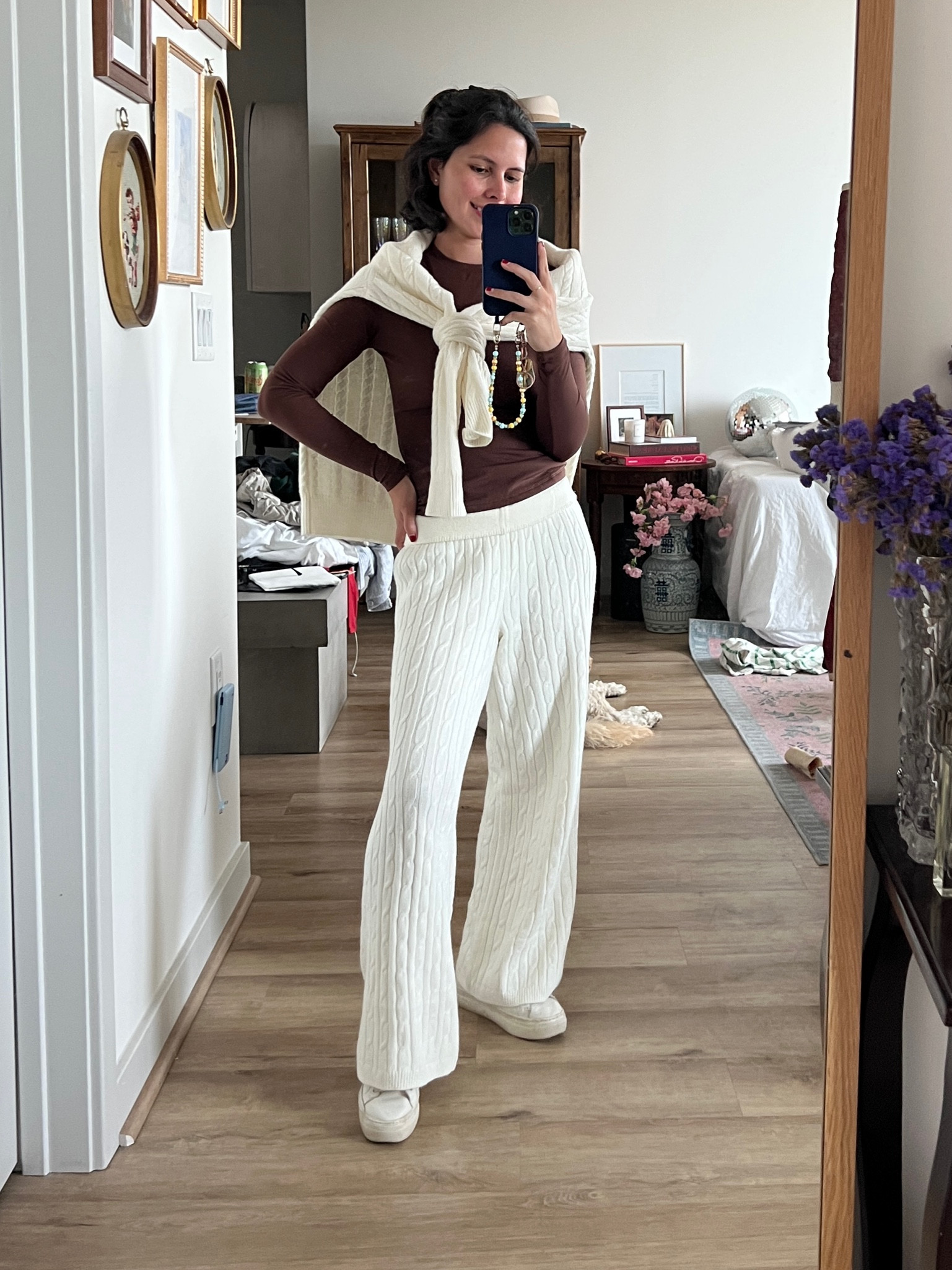 Fall lounge wear, winter matching set, gap cableknit pants, brown long sleeve 