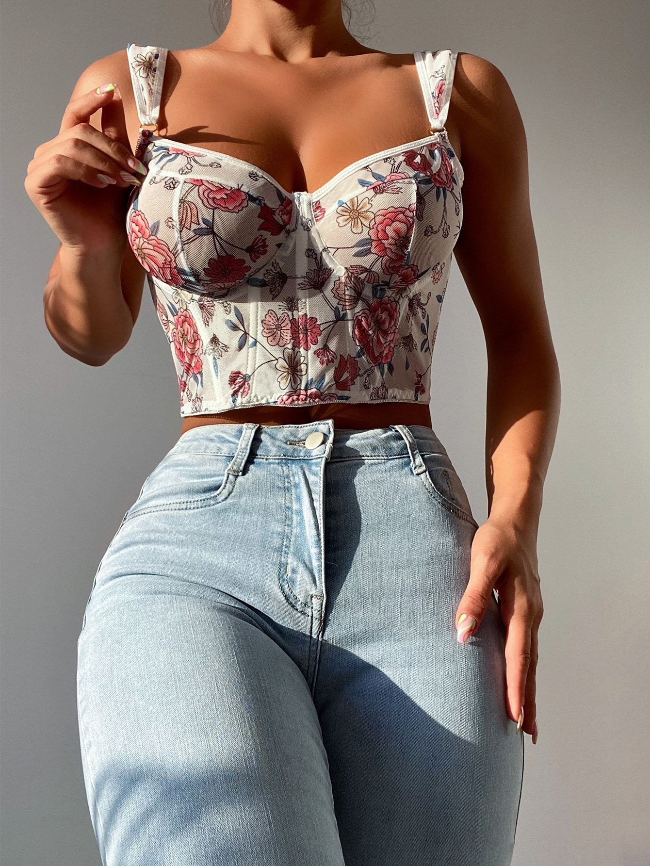 Floral Print Mesh Underwire Bra | SHEIN