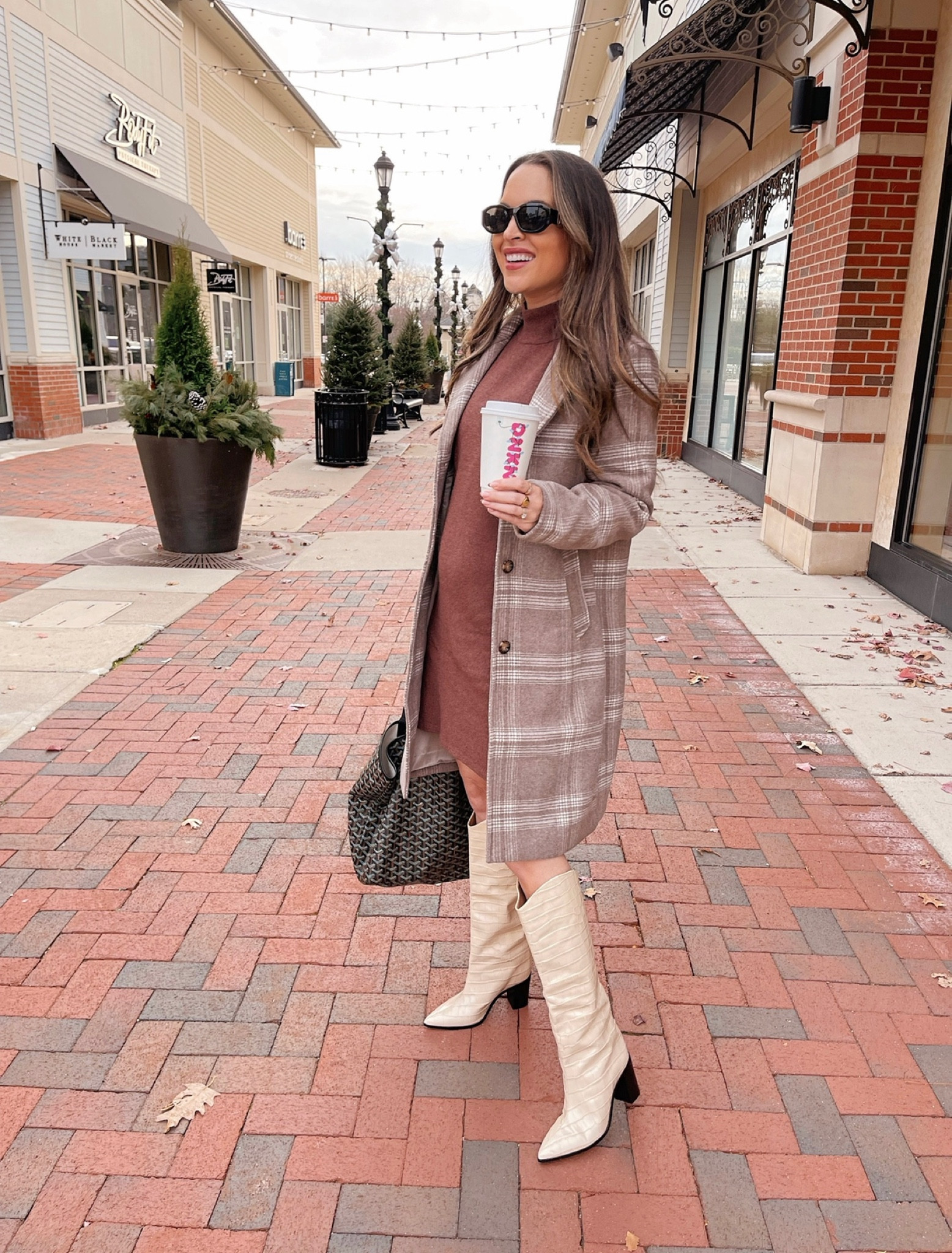 25% off this outfit from Abercrombie - mock neck sweater dress (bump friendly) and plaid dad coat. Both run true to size (wearing S). Styled with Schutz Analeah cream boots  

#LTKSeasonal #LTKHoliday #LTKsalealert