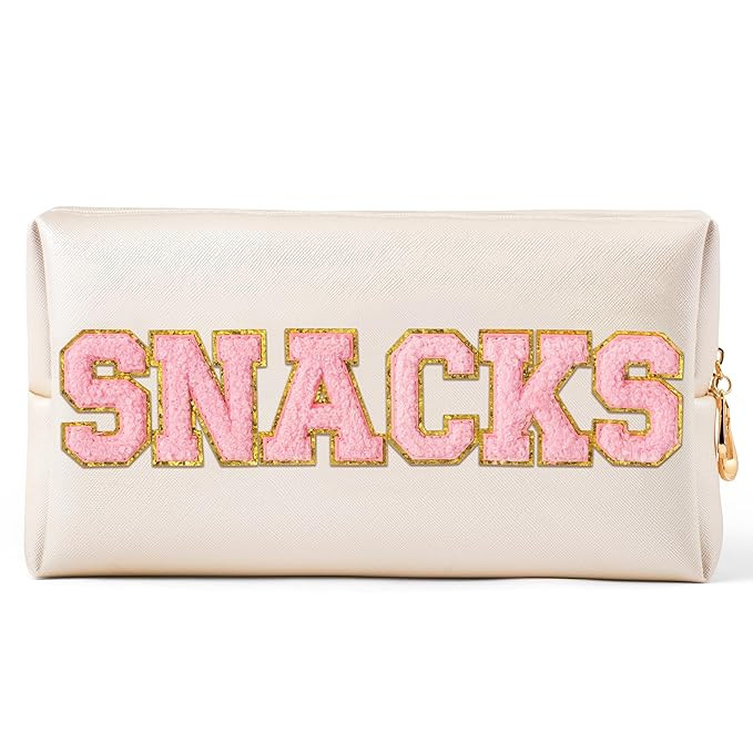 Y1tvei Large SNACKS Cosmetic Bag - Preppy Pink Snacks Chenille Varsity Letter Makeup Bag, PU Leat... | Amazon (US)