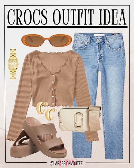 Achieve casual elegance in slim straight jeans and a button-front crop top. Accentuate with hoop earrings, a sleek watch, and oval sunglasses. Complete the look with a crossbody bag and Crocs H-Strap wedge sandals for effortless chic.

#LTKFindsUnder100 #LTKSeasonal #LTKStyleTip