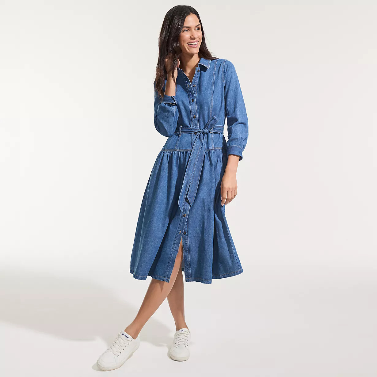 Women's Denim Button Front Midi Shirt Dress | Lands' End (US)