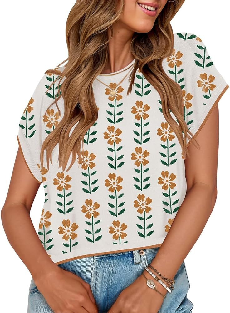 ZESICA Womens Summer Casual Printed Tops Cap Sleeve Crew Neck Cute Knit Sweaters 2025 Trendy Clot... | Amazon (US)