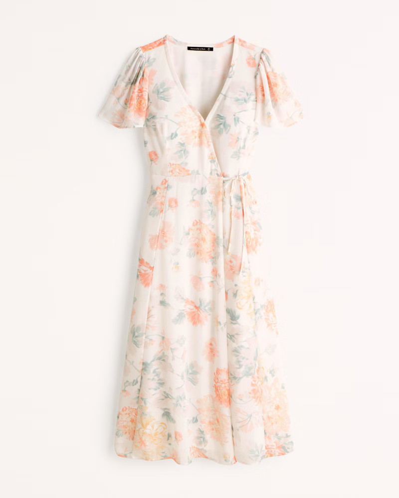 Women's Angel Sleeve Wrap Midi Dress | Women's New Arrivals | Abercrombie.com | Abercrombie & Fitch (US)