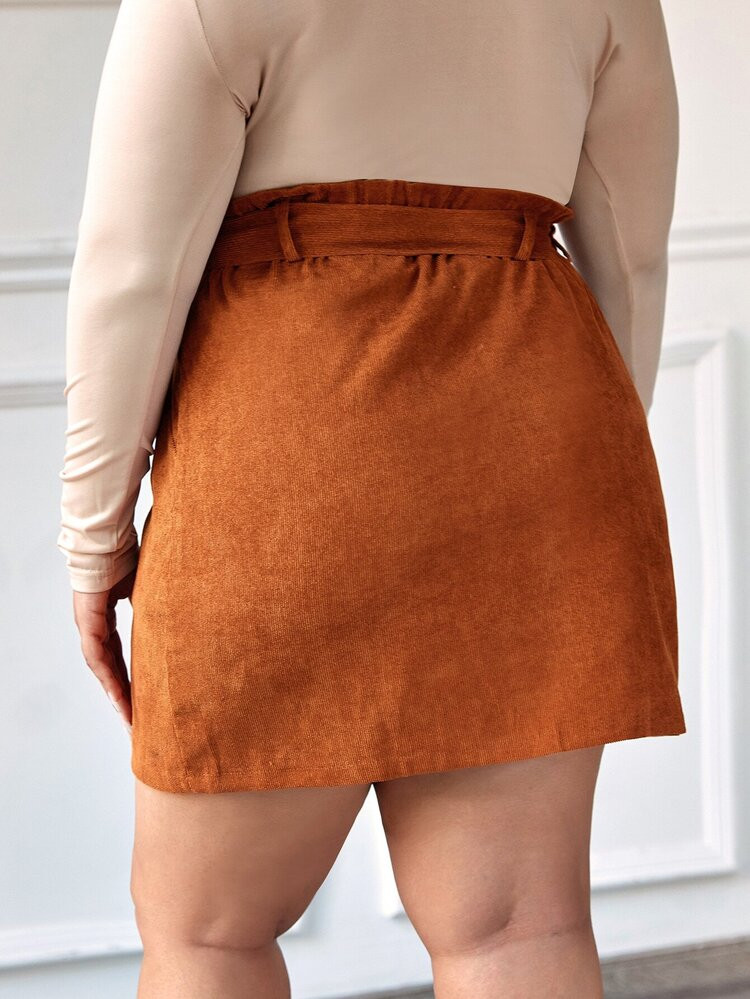 Plus Solid Belted Button Through Corduroy Skirt | SHEIN