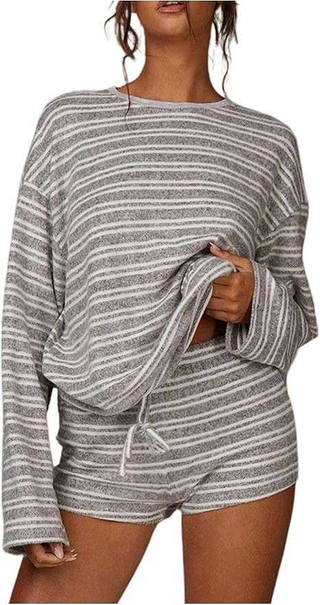 Verdusa Women's 2 Piece Lounge Sets Striped Oversized Tshirts with Mini Shorts Matching Set | Amazon (US)