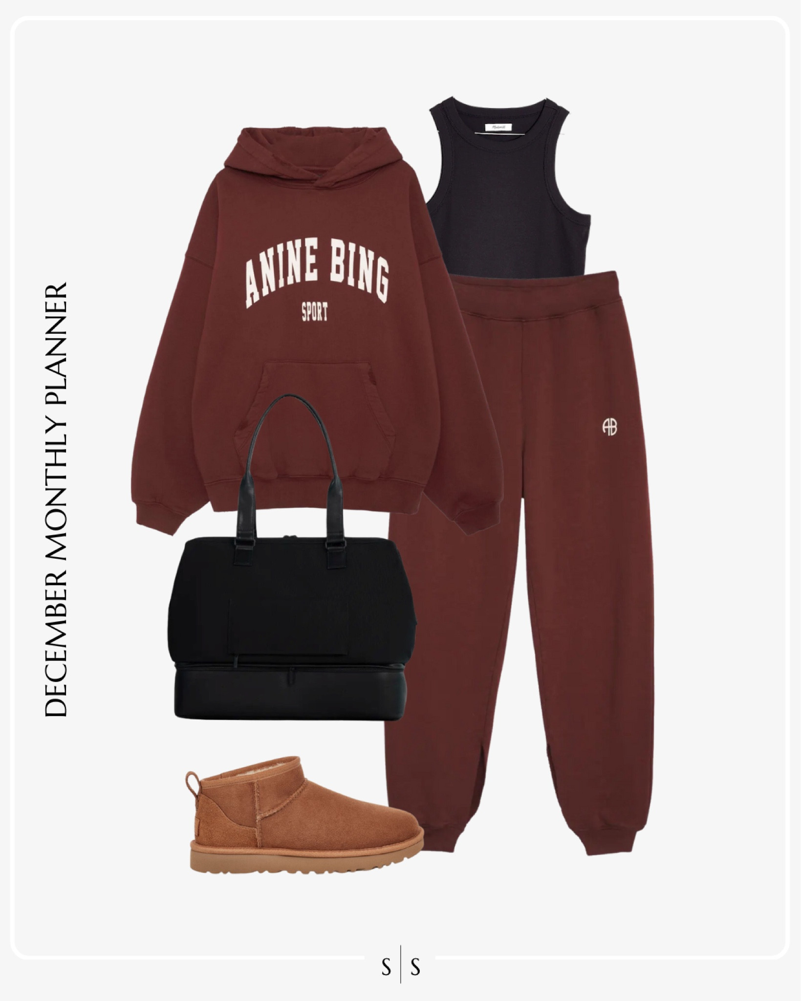 Monthly outfit planner: DECEMBER: Winter looks | Anine Bing sweats, hooded sweatshirt, sports tank, Ugg ultra mini, weekender bag, activewear, weekend wear, loungewear, athleisure 

See the entire calendar on thesarahstories.com ✨ 

#LTKfitness #LTKstyletip