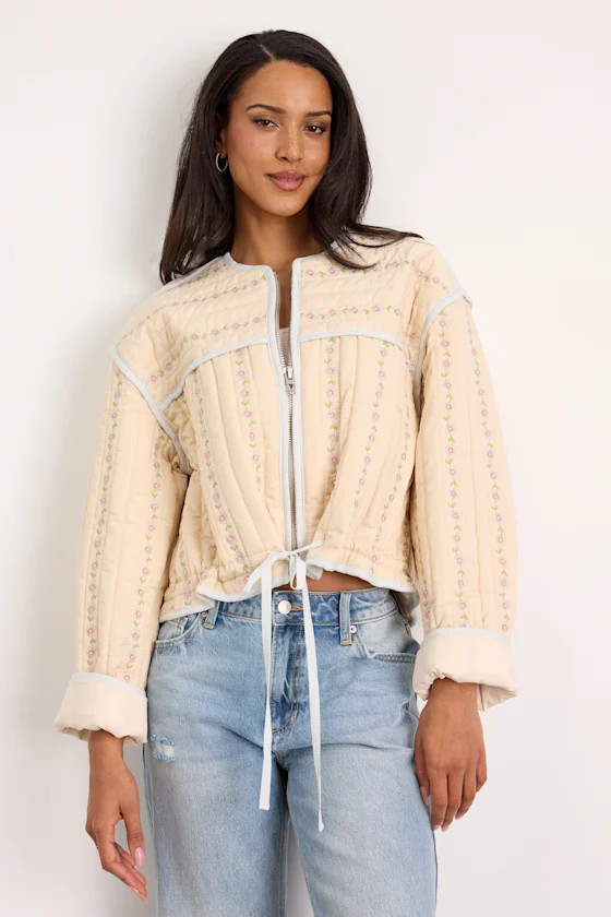 Feeling Pretty Cream Floral Quilted Zip-Up Jacket | Lulus