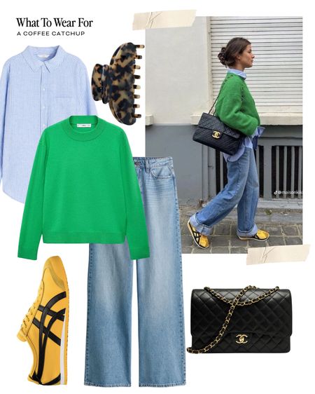 Colourful trainers for spring 💛 

Wide leg jeans, blue shirt, green jumper, yellow sneakers 

#LTKspring 

#LTKstyletip #LTKeurope
