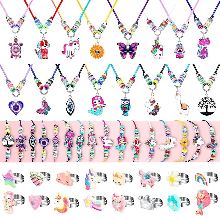 48 Pieces Girls Jewelry Set Adjustable Bracelets Necklaces and Rings Set Pretend Dress up Play Je... | Amazon (US)
