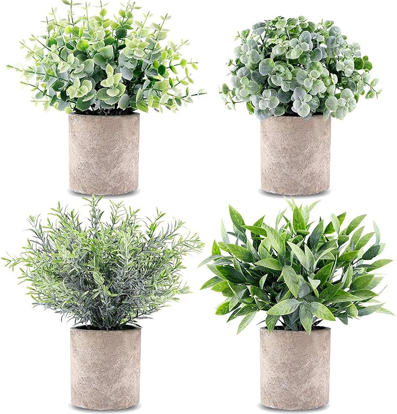 CEWOR 4 Packs Artificial Mini Potted Plants Fake Grey Greenery Eucalyptus Rosemary Boxwood Plastic C | Amazon (US)