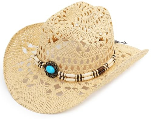 Melesh Straw Cowboy Hat, Western Cowgirl Hat, Wide Brim Sun Beach Hat for Men and Women (US, Alph... | Amazon (US)