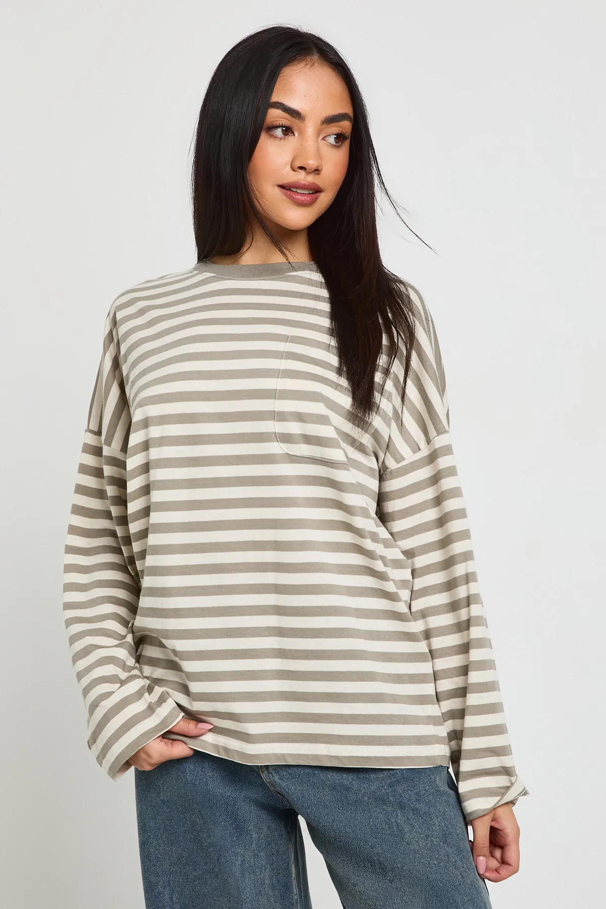 Olive Striped Cotton Pocket Front Long Sleeve Top | Boohoo | Boohoo.com (UK & IE)