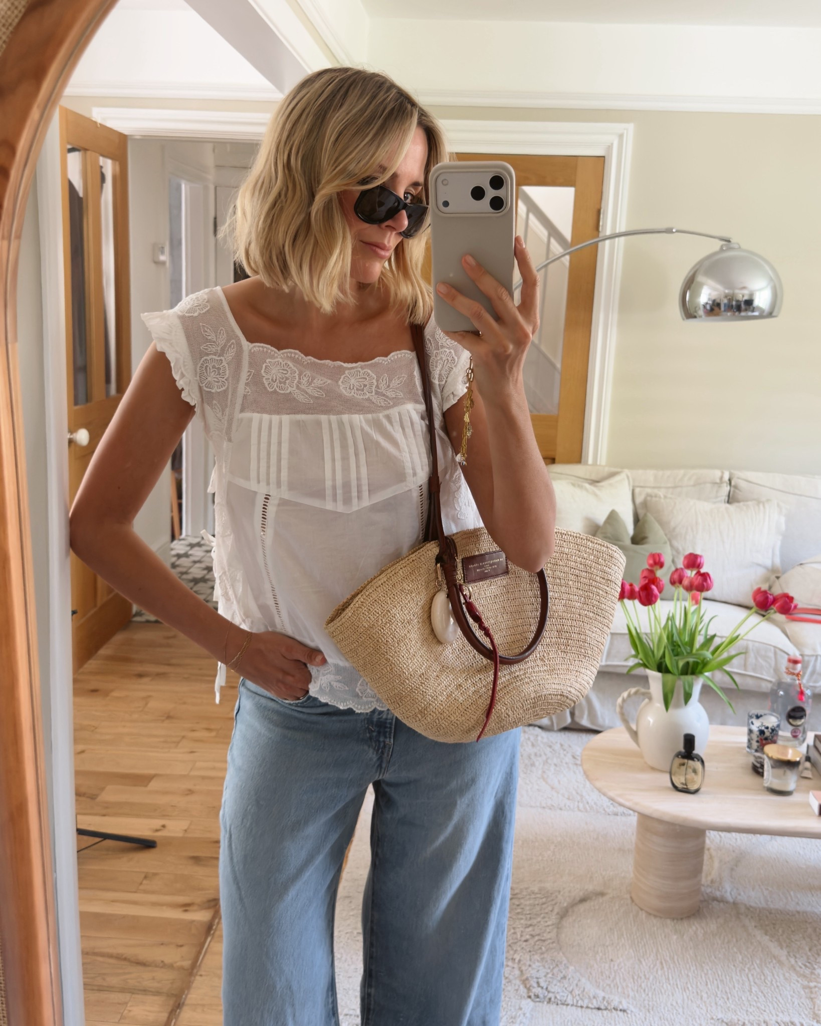 White summer blouse, wide jeans, basket bag, summer outfit 

#LTKuk #LTKspring #LTKsummer