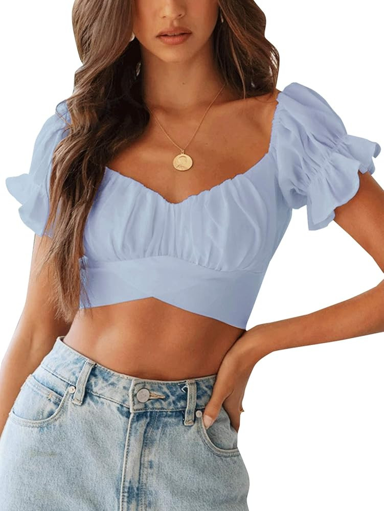 LYANER Women's Ruffle Short Sleeve Tie Up Back Crop Top Off Shoulder Bardot Blouse | Amazon (US)